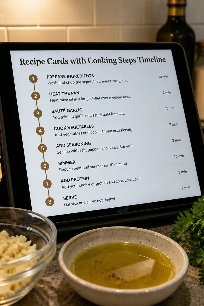 Recipe cards with ingredient list and numbered cooking steps