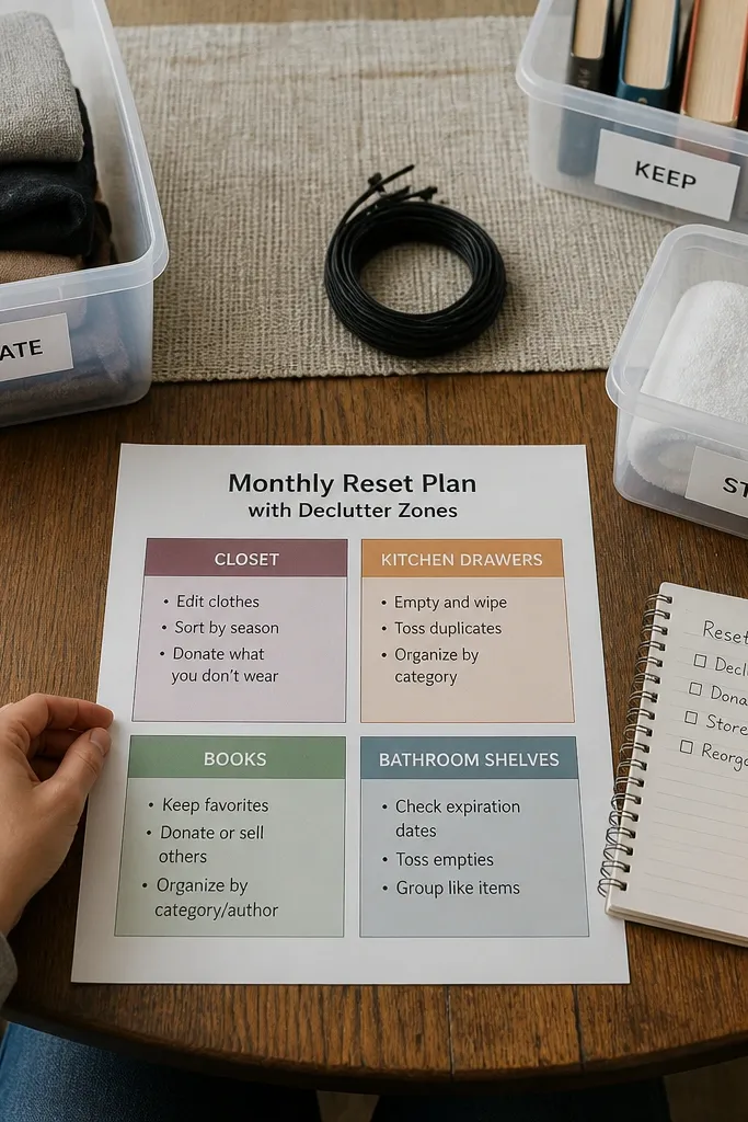 Monthly reset page with declutter zones grid and task cards