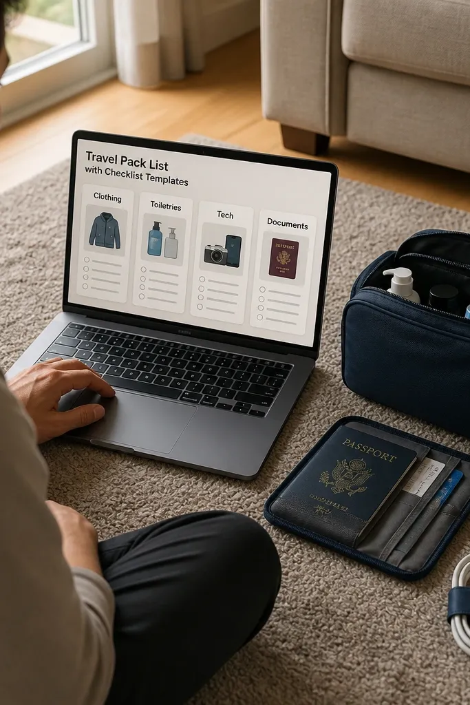 Travel packing list cards with categories and checkboxes