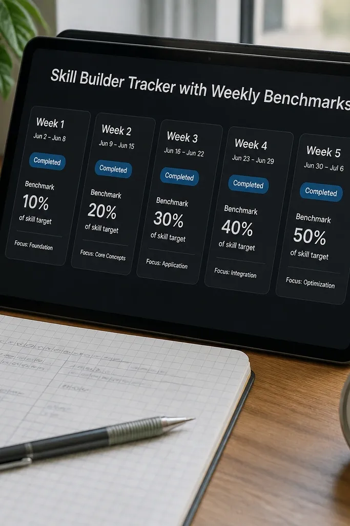 Skill tracker with weekly benchmark cards and progress status
