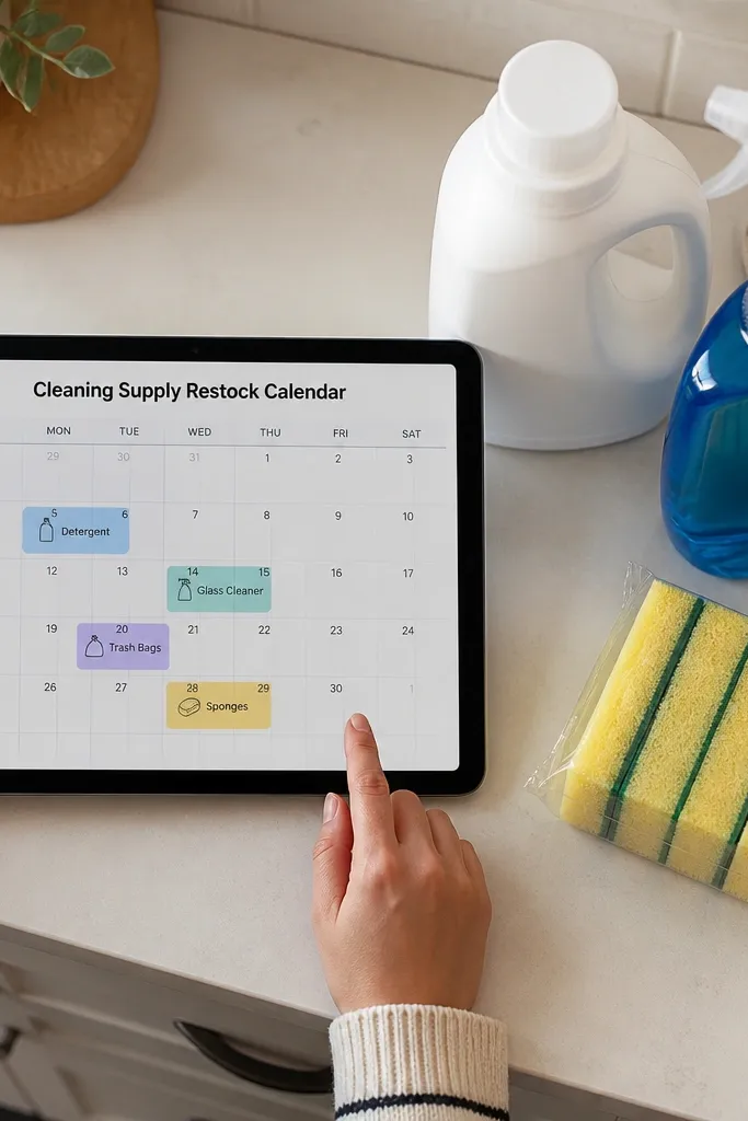Restock calendar with cleaning products and refill warnings