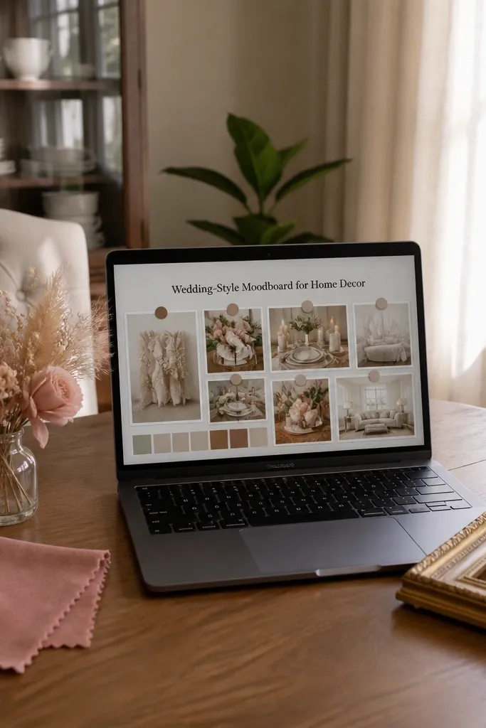 Decor moodboard grid with pinned images and tags for rooms