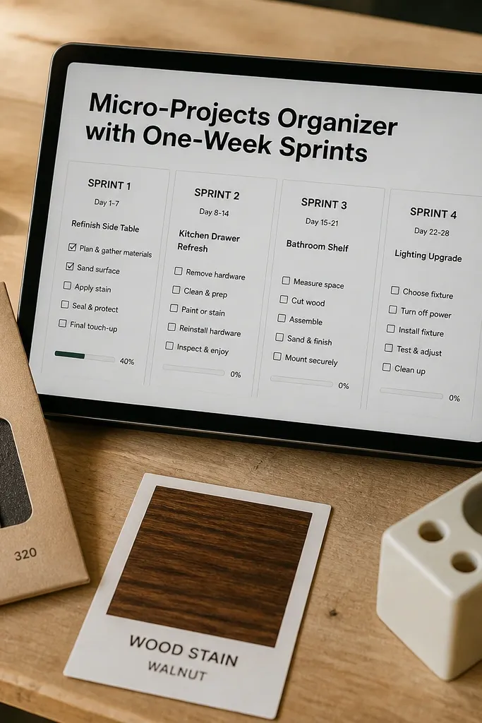 One-week sprint cards with goals, tasks, and progress checkboxes