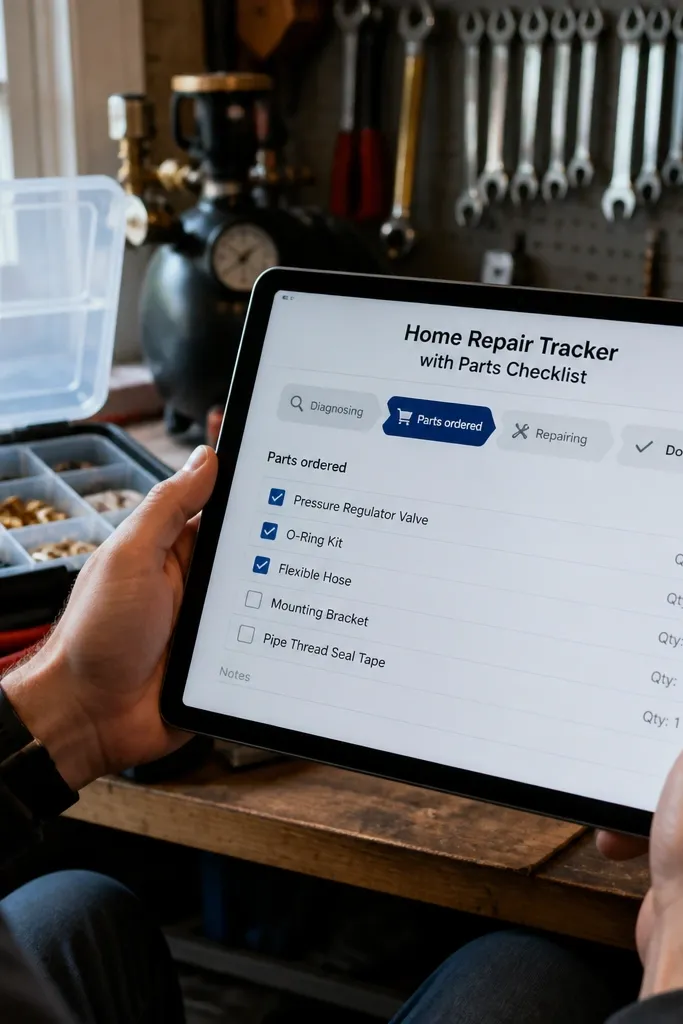 Home repair page with repair tasks and parts checklist cards