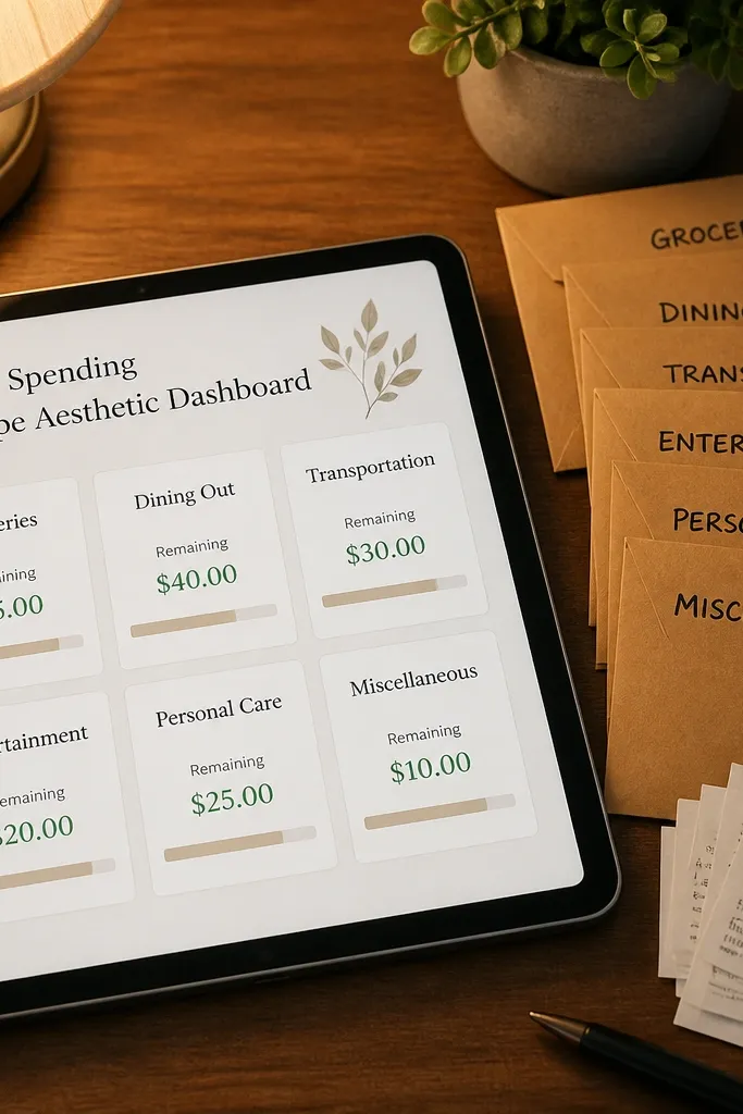 Envelope-style budget dashboard with category cards and remaining amounts