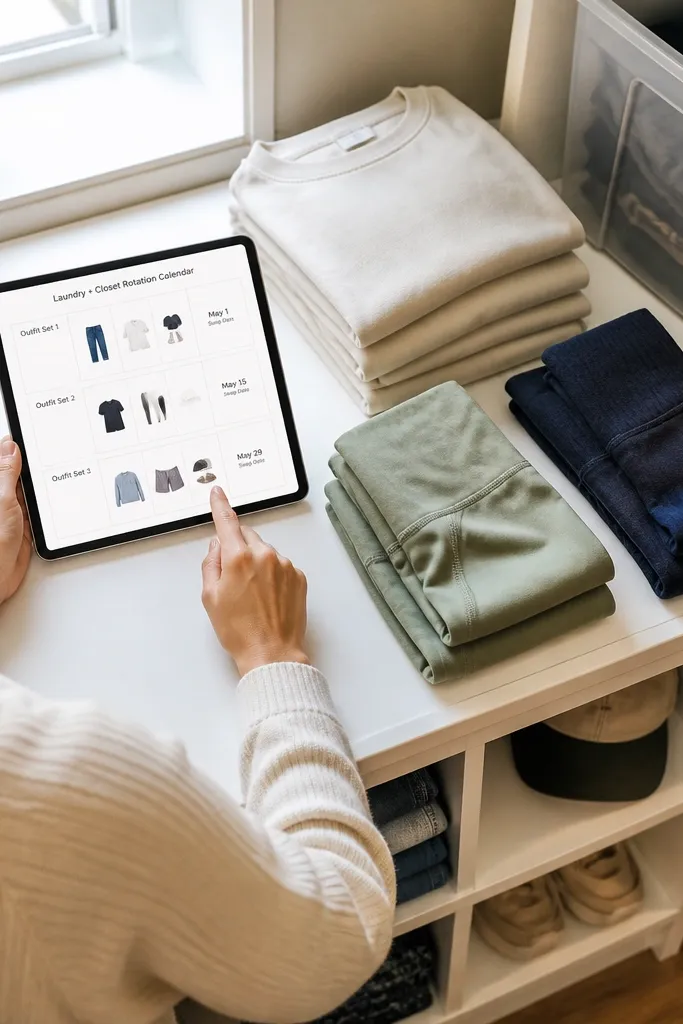 Closet rotation calendar with outfit sets and seasonal swap dates