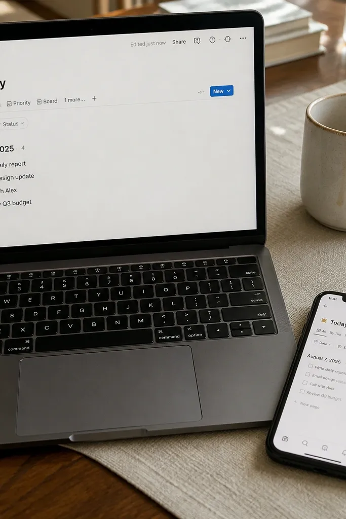 Notion page showing a Today section with a checklist and time blocks