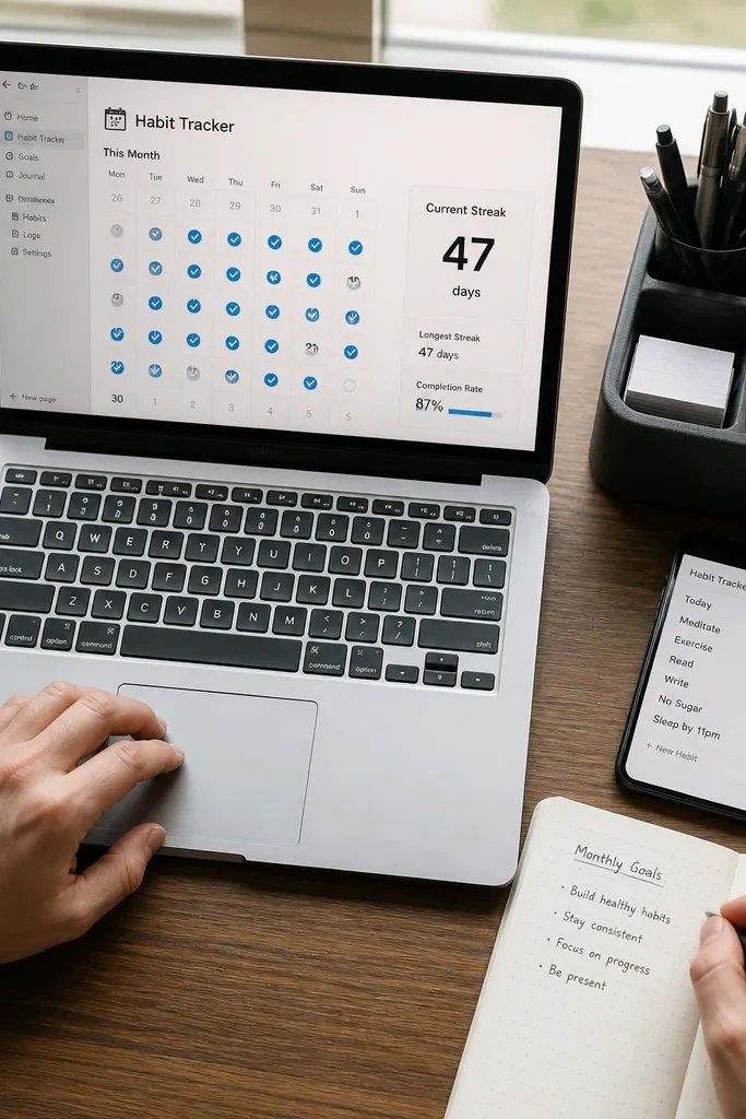 Notion habit tracker with a calendar grid and streak numbers