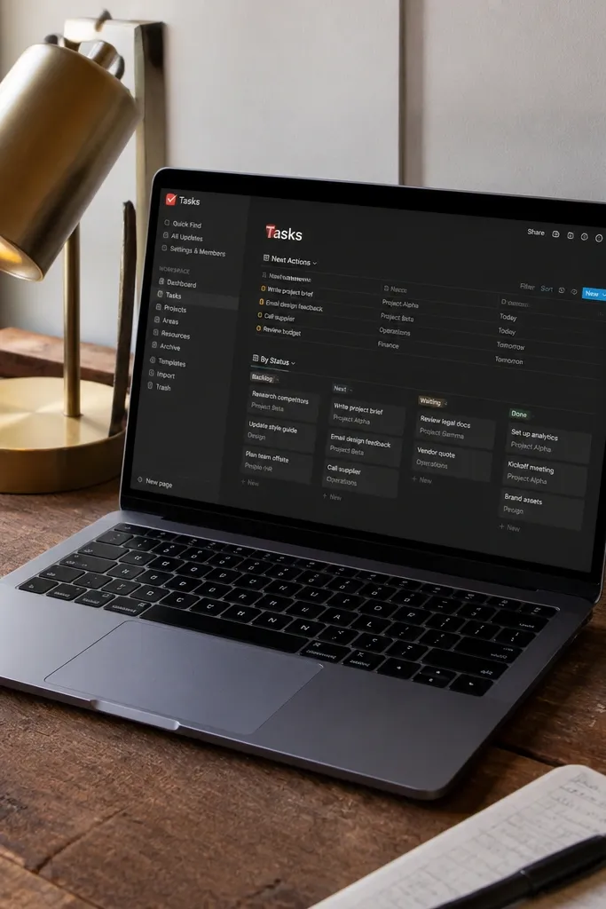 Notion task manager with status columns and a next actions list
