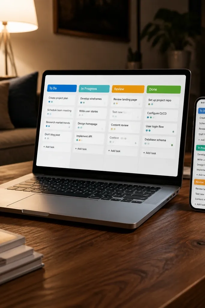 Notion Kanban board with columns plus a list view for tasks
