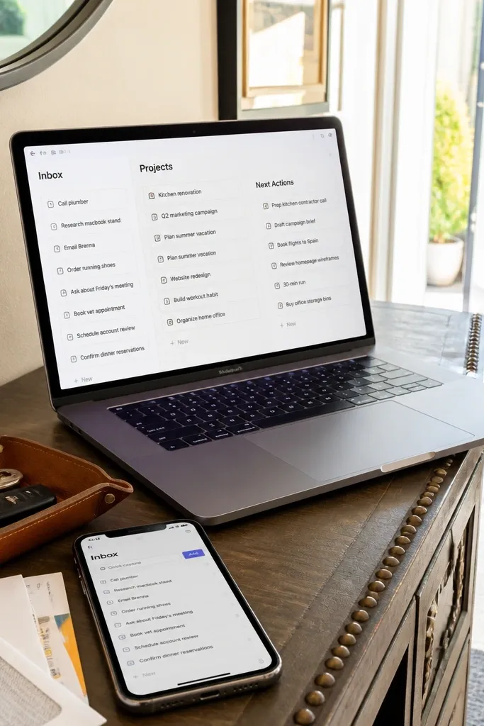 Notion inbox page with projects list and a next actions area