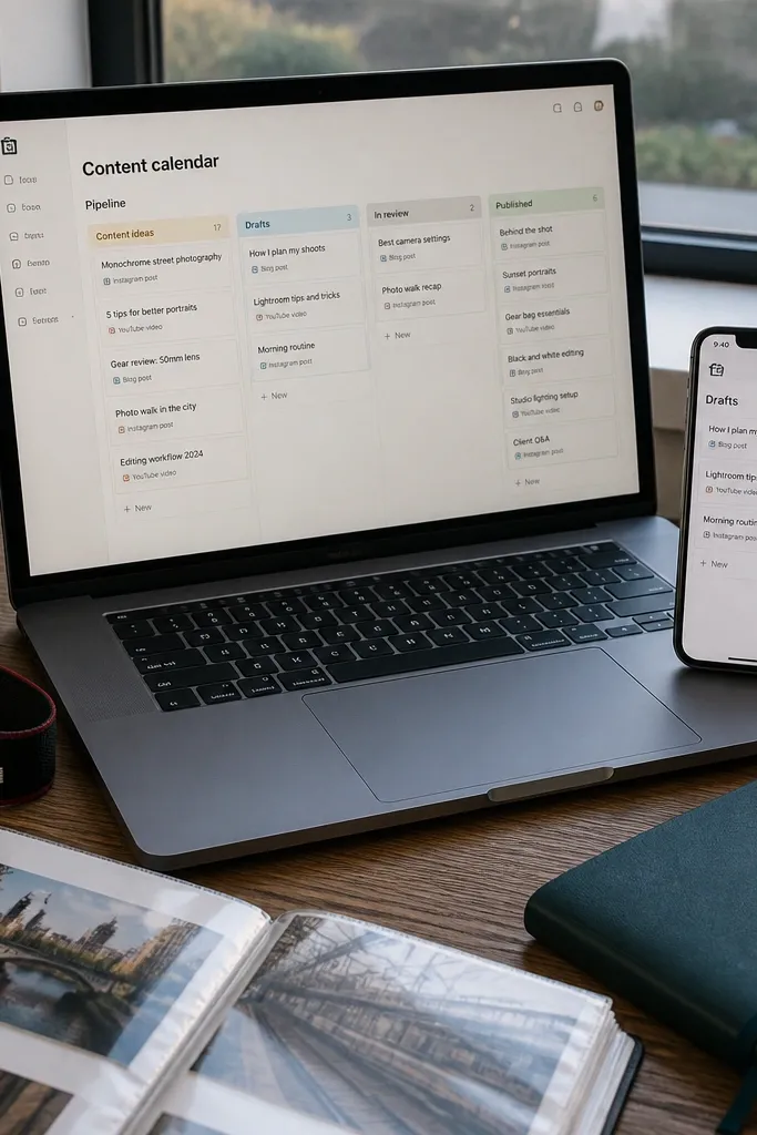 Notion content calendar with draft pages linked to publish tasks
