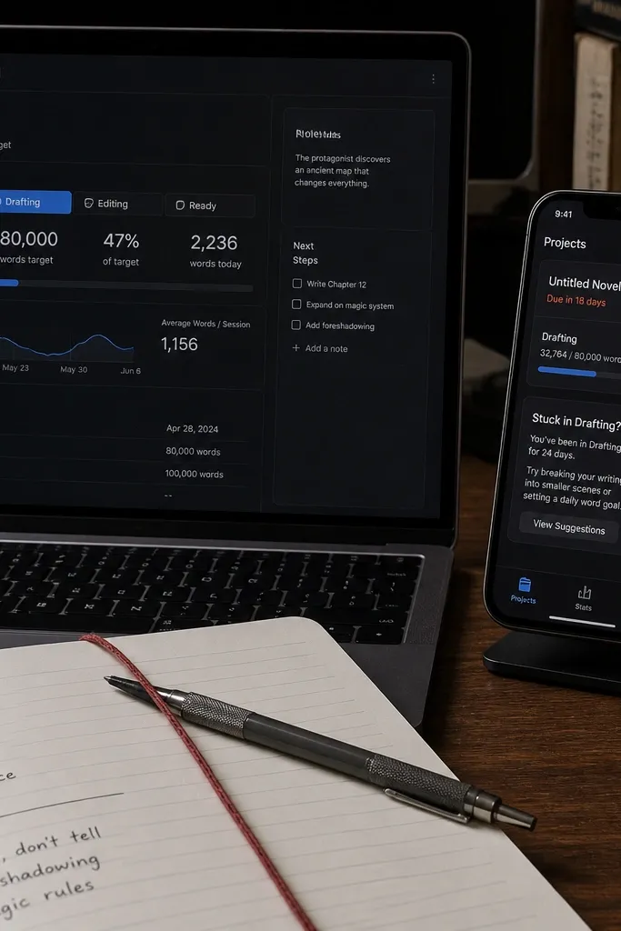 Notion writing dashboard with draft list, status, and word count targets