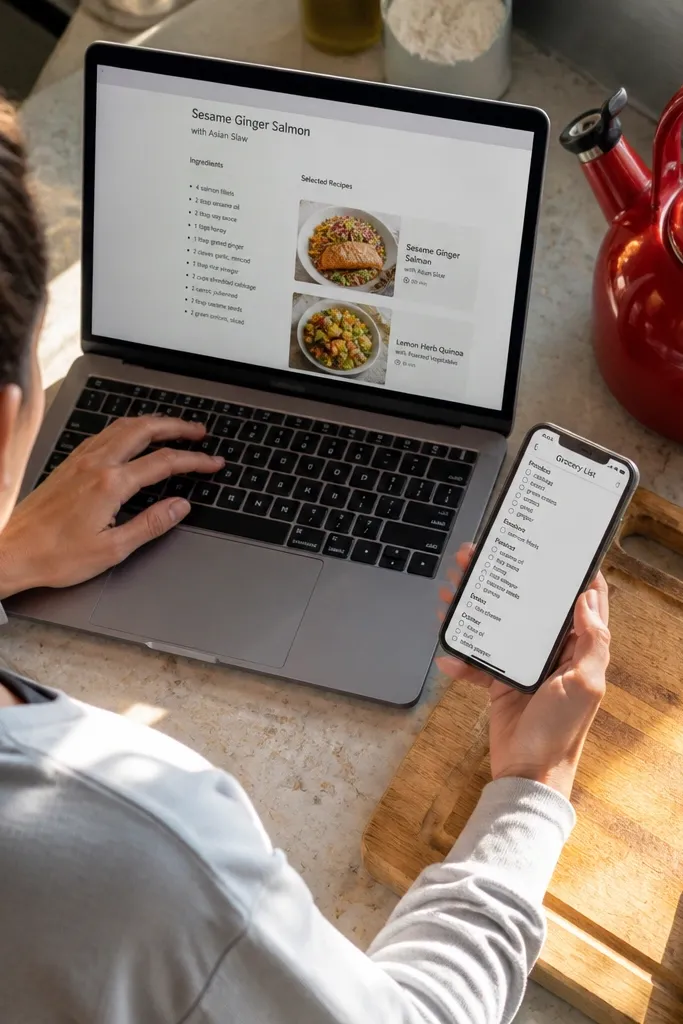 Notion recipe cards with ingredients list and a grocery checklist view