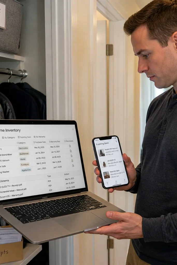Notion home inventory list with warranty dates and attachment links