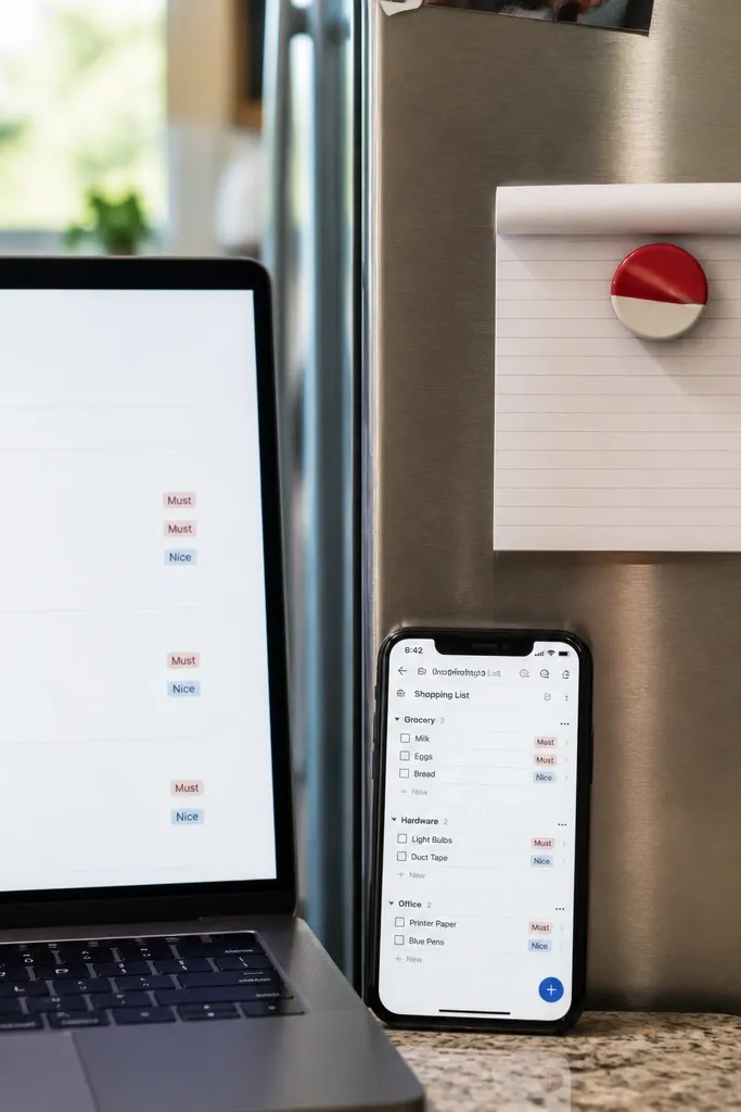 Notion shopping list split into store sections with priority tags