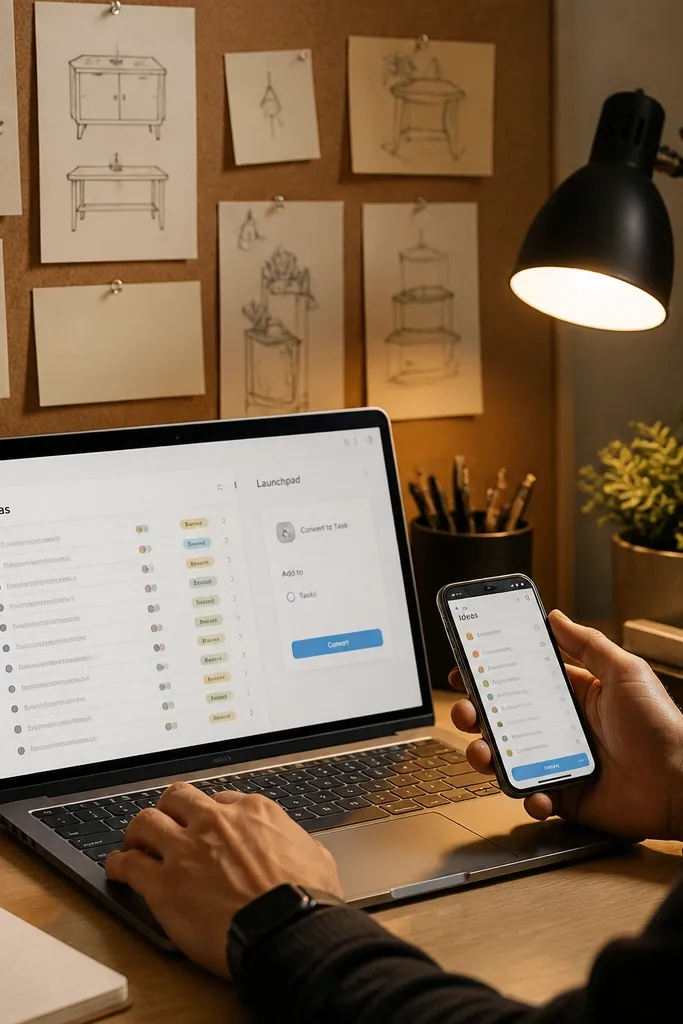 Notion idea inbox with tag filters and a launchpad task list