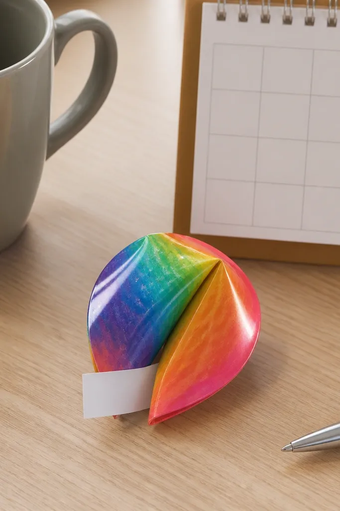 Folded rainbow paper fortune cookie with a small note tab