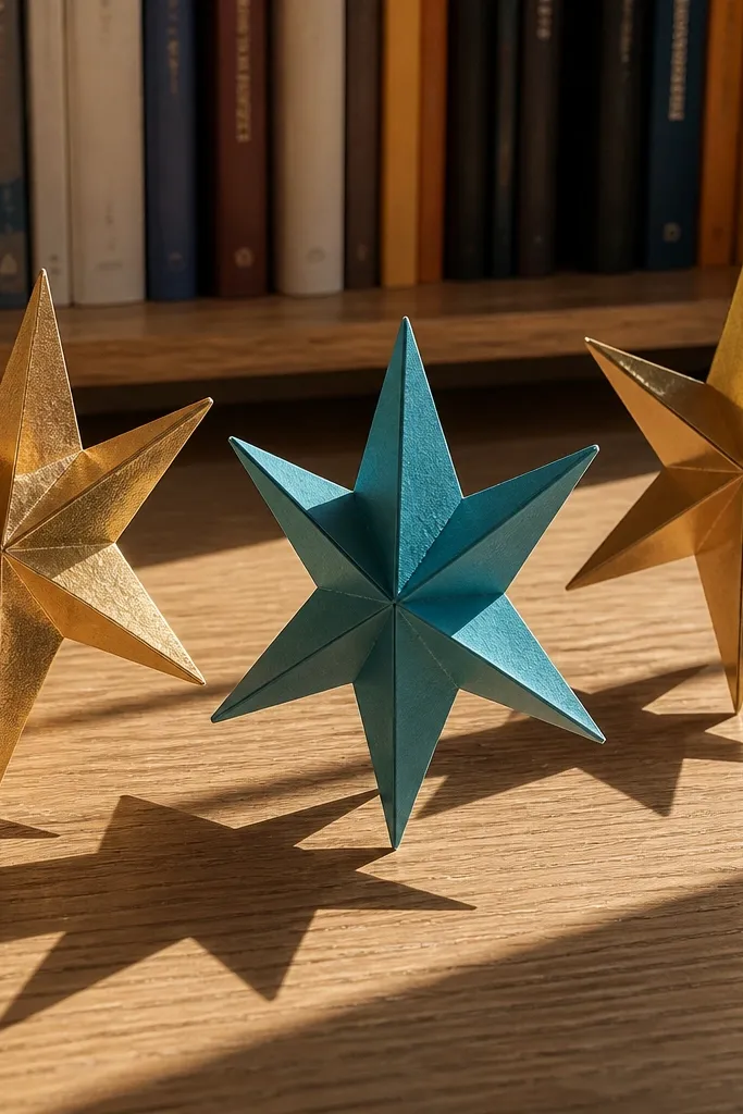 Three-dimensional paper star that stands upright on a table