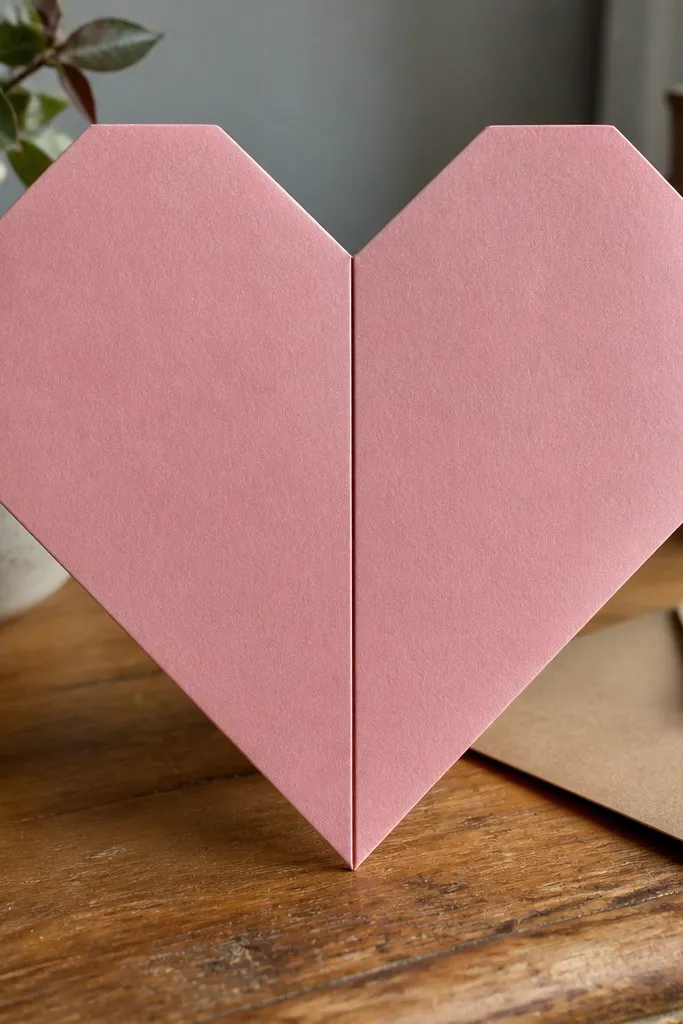 Symmetrical folded paper heart with a crisp center crease