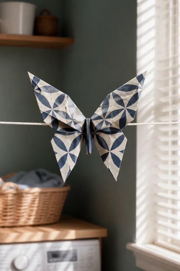 Folded butterfly with two patterned wings spread wide