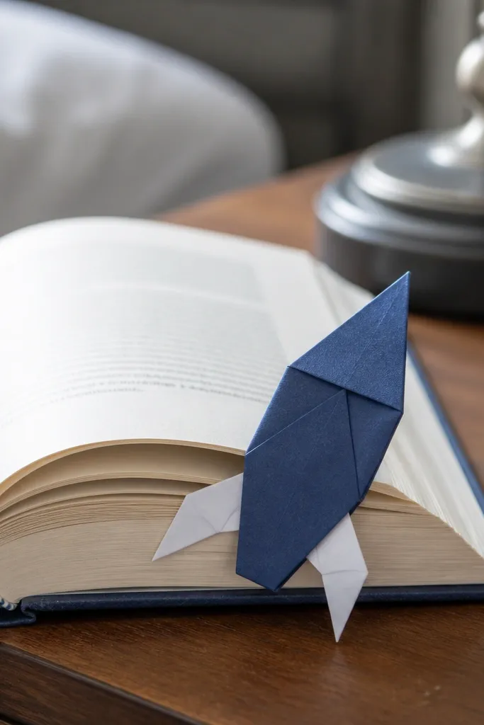 Rocket-shaped paper bookmark with a pointed nose and fins