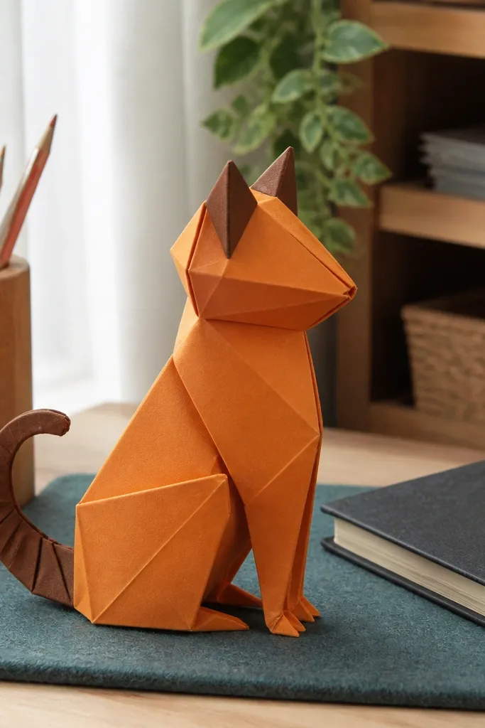 Sitting cat origami with pointy ears and a curled tail shape