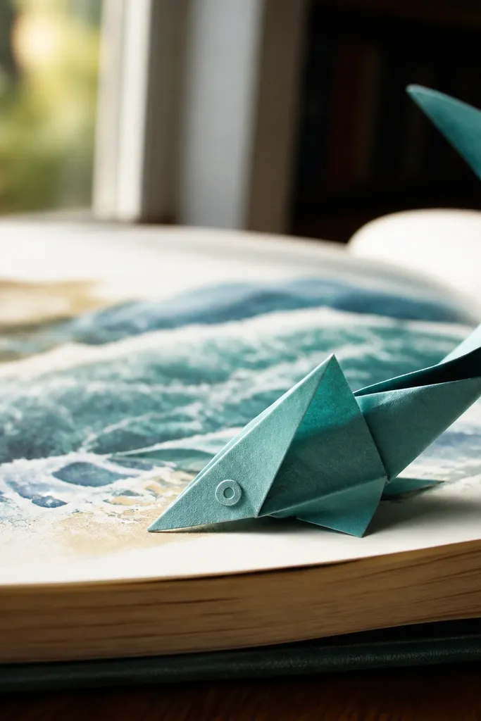 Folded paper fish with a curved tail and open mouth shape