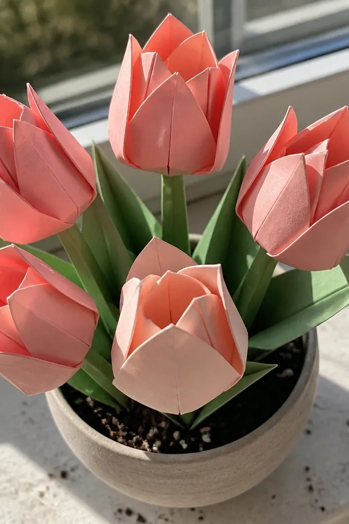 Paper tulip with layered folded petals and a green base