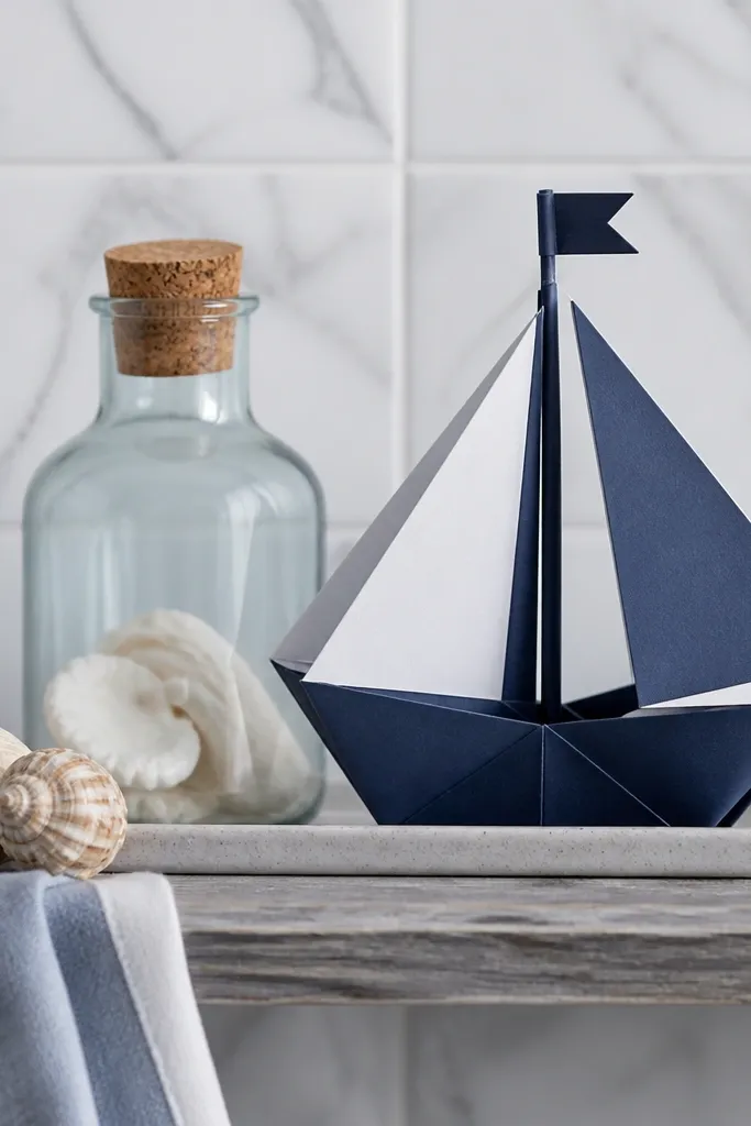 Paper sailboat with a tall mast and a folded sail