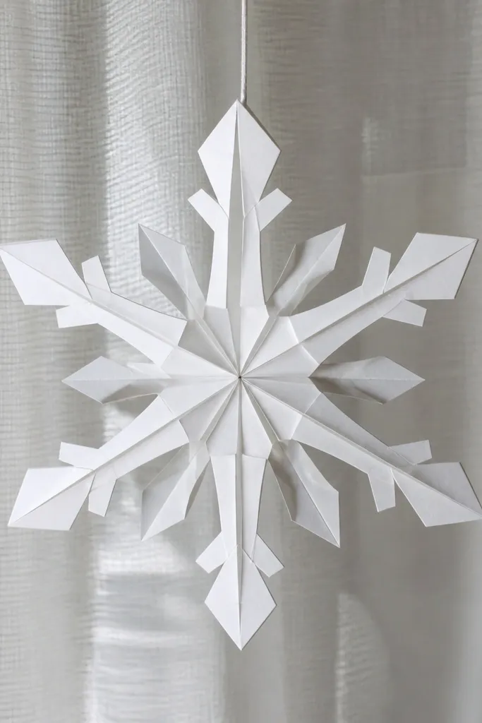 Symmetrical paper snowflake with detailed folded points