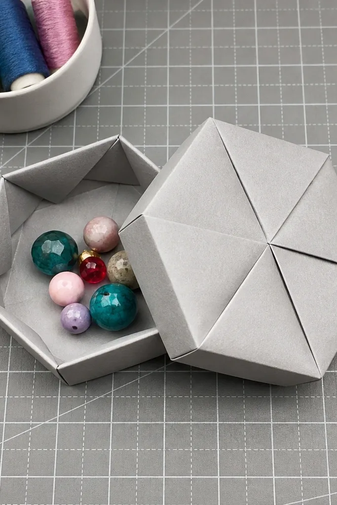 Small folded hexagon box with a lid-like top