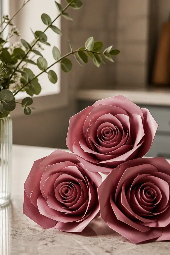 Paper rose with curled petal folds and a spiral center
