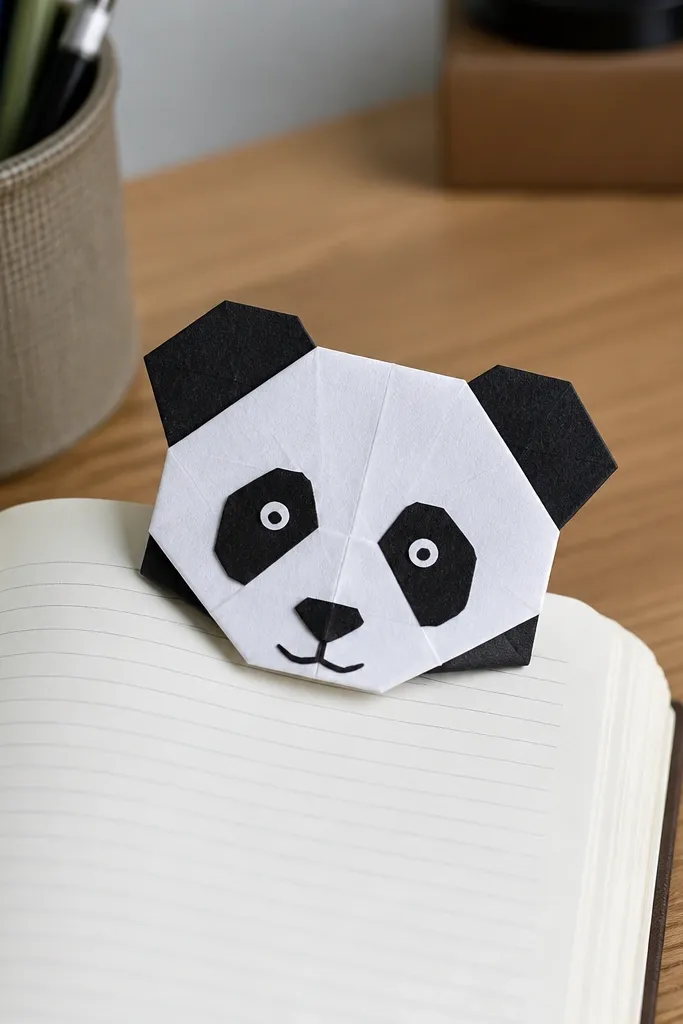 Folded panda face with black ear patches and a white mask