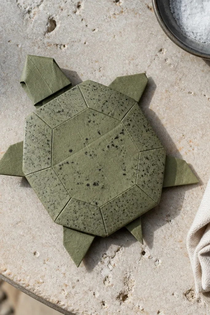 Folded turtle with a patterned shell panel and small head