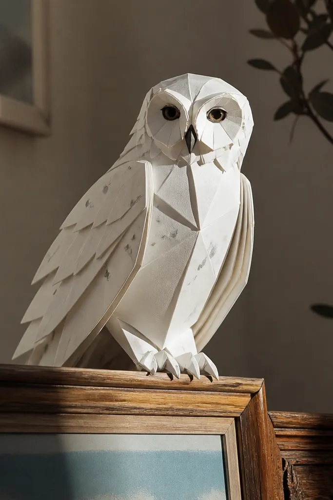 Folded owl sitting on a small perch with rounded wings