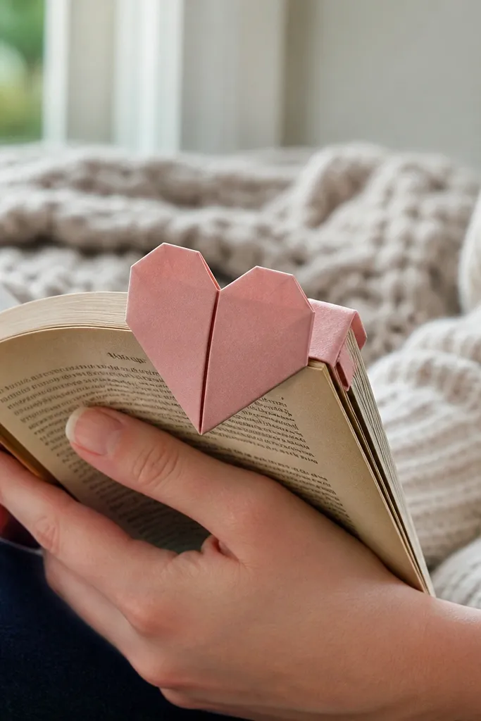 Heart-shaped paper bookmark with a small ribbon-like tab