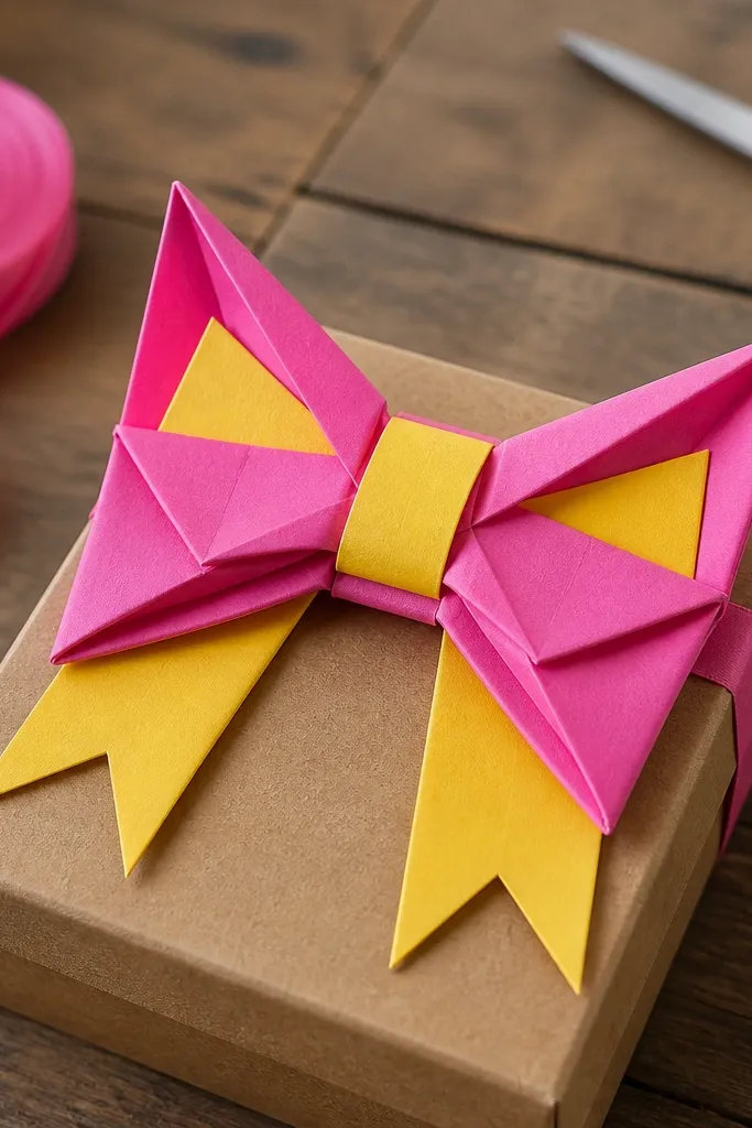 Folded paper bow with two cat-like ear points