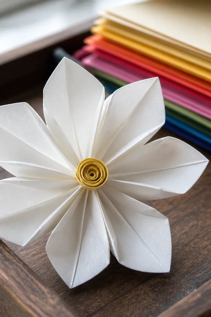 Folded paper flower with a rolled center and petal folds