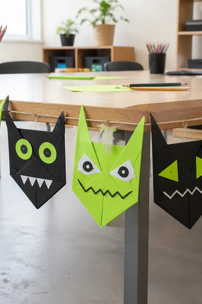 Folded paper monster face with zigzag mouth and pointy eyes