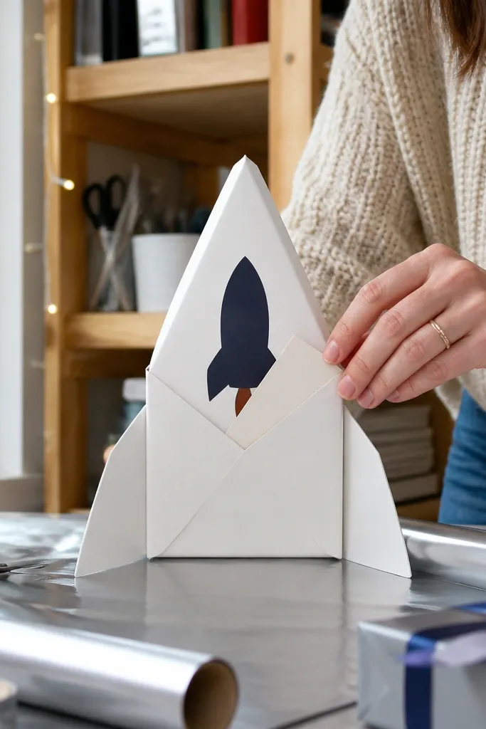 Rocket-shaped paper envelope with a pointed top and side fins