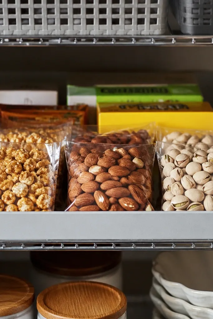 A shallow tray with neatly stacked snack bags and labeled containers