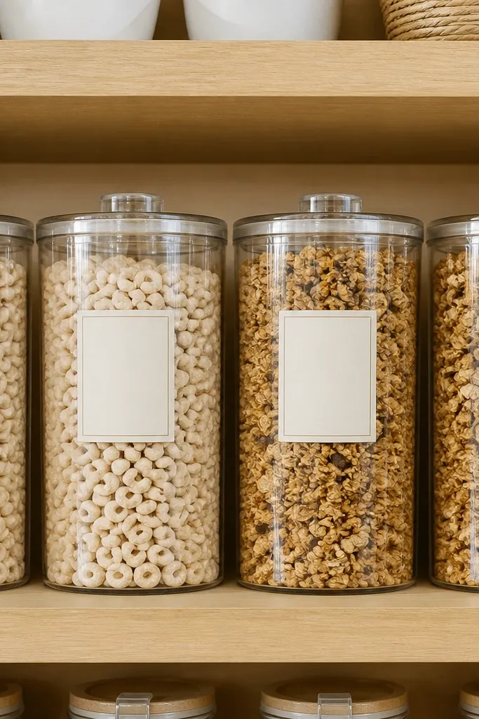 Clear canisters with matching labels for cereal and granola on a shelf