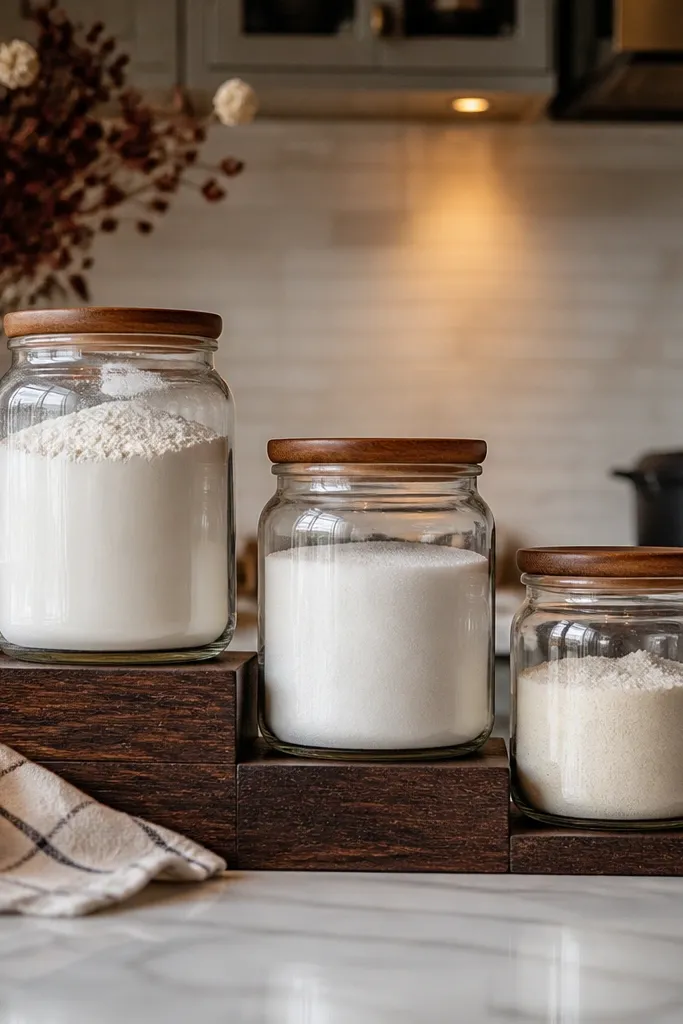 Baking ingredients arranged on risers with identical jars and labels