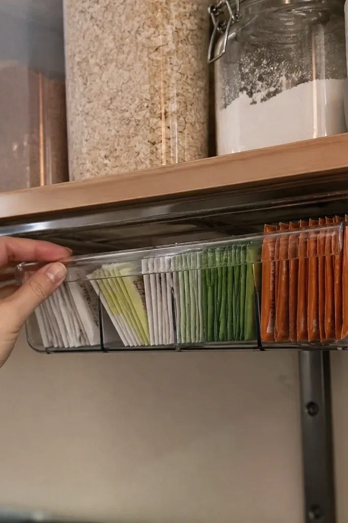 Small under-shelf bin holding tea bags and single-serve packets
