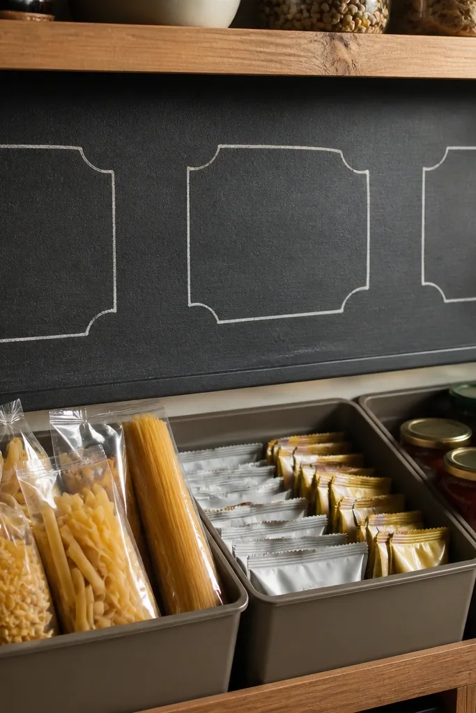 Chalkboard label board with neatly written pantry categories above bins