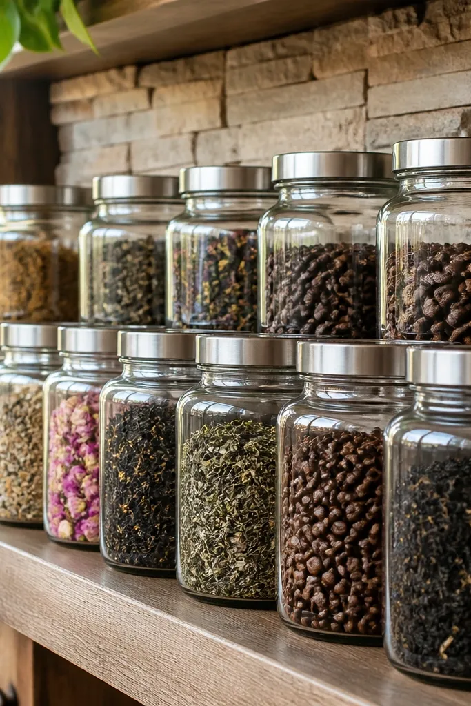 A shelf with aligned glass jars for tea, coffee, and herbs with matching lids