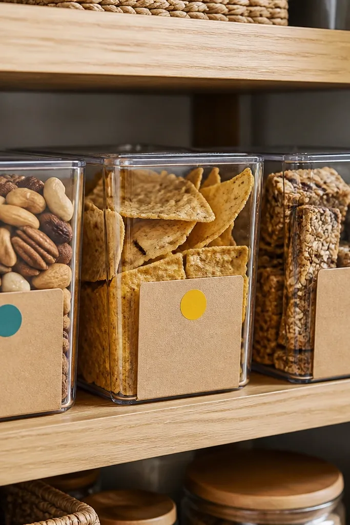 Clear bins with kraft labels and small colored dots on a snack shelf