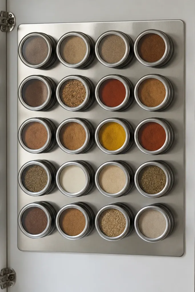 Spice tins with magnetic lids lined up on a small metal sheet