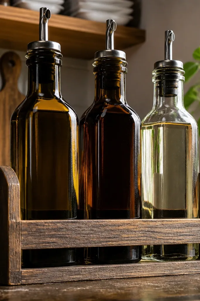 Front-facing tray holding oil and vinegar bottles with labels aligned